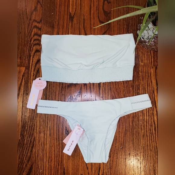 PILYQ NWT Azura Smoked Mint Green Bandeau & Smoked Teeny Bikini Bottom Set Sz L - Picture 5 of 15